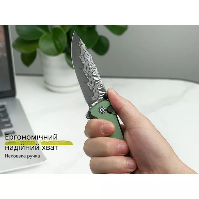 Ніж складаний туристичний Civivi Hyperpulse, (8.9 см) Damascus / Aluminum темно-зелений — Photo 12