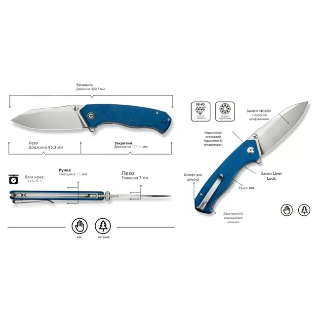 Нож складной туристический Civivi Placoid, (9.3 см) 14C28N / G10 синий — Photo 10