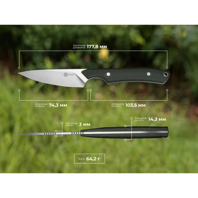 Нож фиксированный карманный Civivi High Grass Field Knife (7,4 см) 14C28N / Micarta зеленый с чехлом — Photo 16