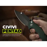 Нож складной туристический Civivi Pentad (8.8 см) Nitro-V / G10 бирюзово-зеленый — Photo 26